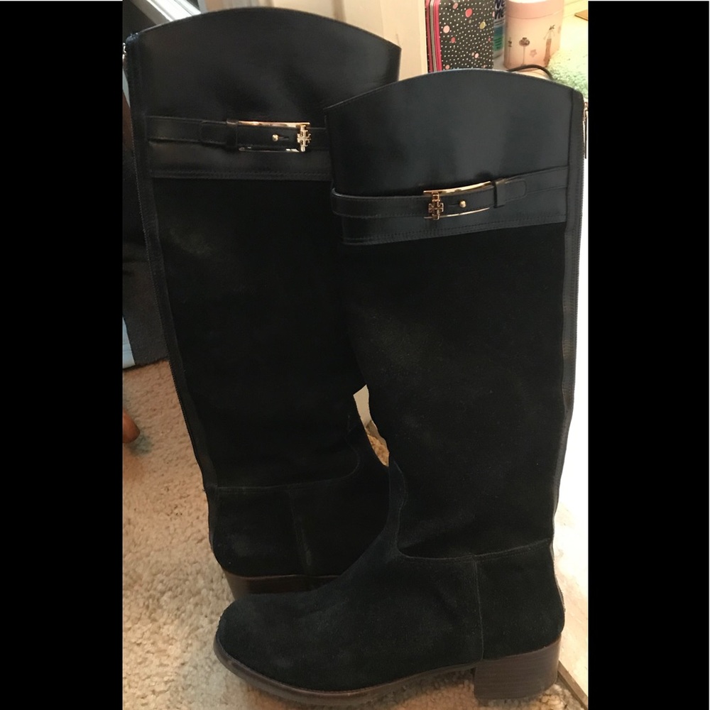 Tory Burch Jenna Black Suede, Leather Riding Boots